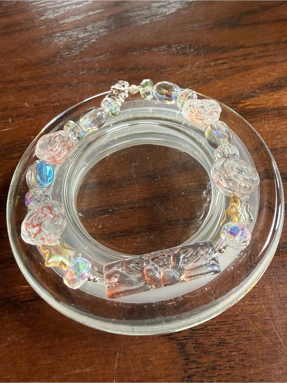 Clear Iridescent Glass Bead Bracelet with Rose Accents
